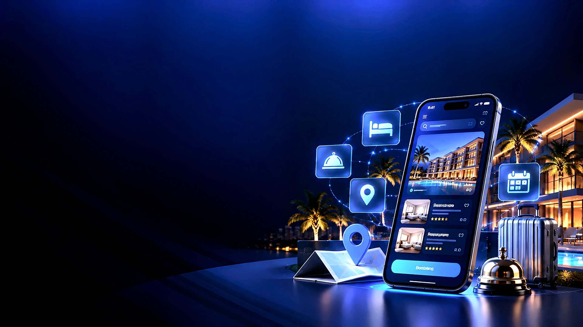 Hotel guest using a tablet with smart hospitality holograms in a luxury lobby